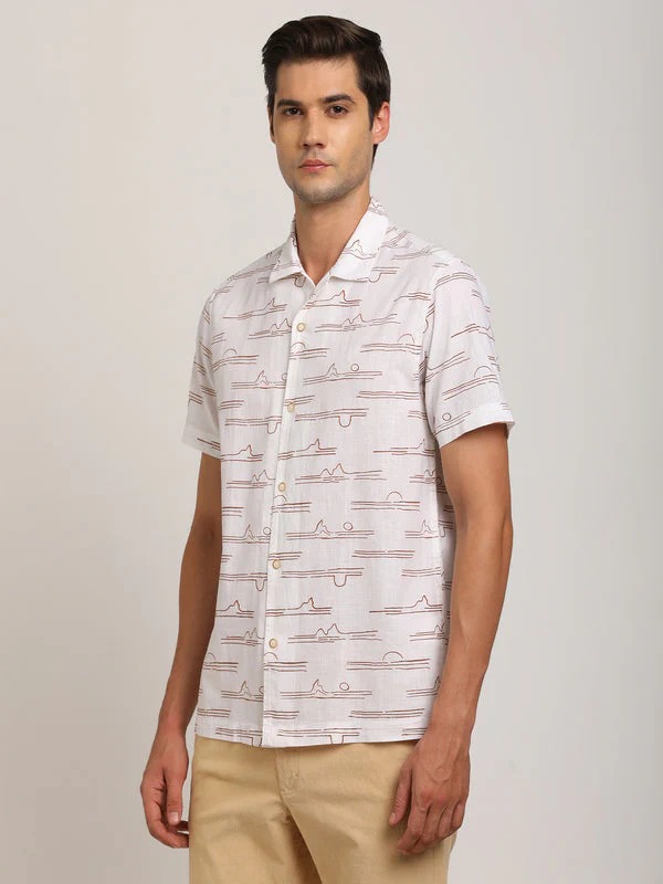 Indian Terrain Men's Slim Fit Half Sleeve All Over Print White Shirt